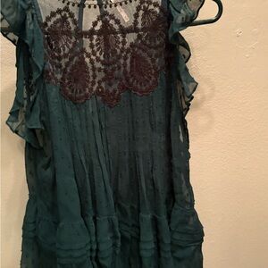 Free People Green and Black Lace Blouse with ruffle detail, Medium